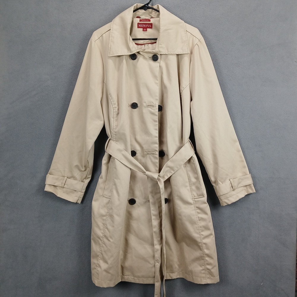 Merona Trench‎ Coat Womens 3 Beige Double Breasted Water Repellent Belted Winter